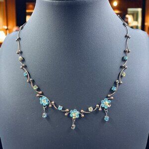 Vintage‎ Floral Necklace Blue Yellow Rhinestone Bronze Tone Cottagecore Boho
